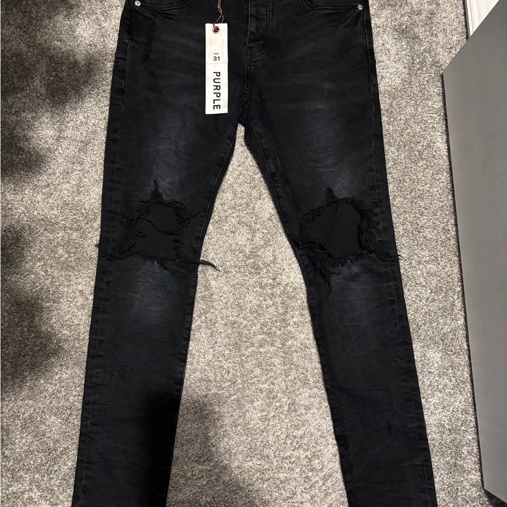 Black Skinny Distressed Purple Jeans with Knee Rips